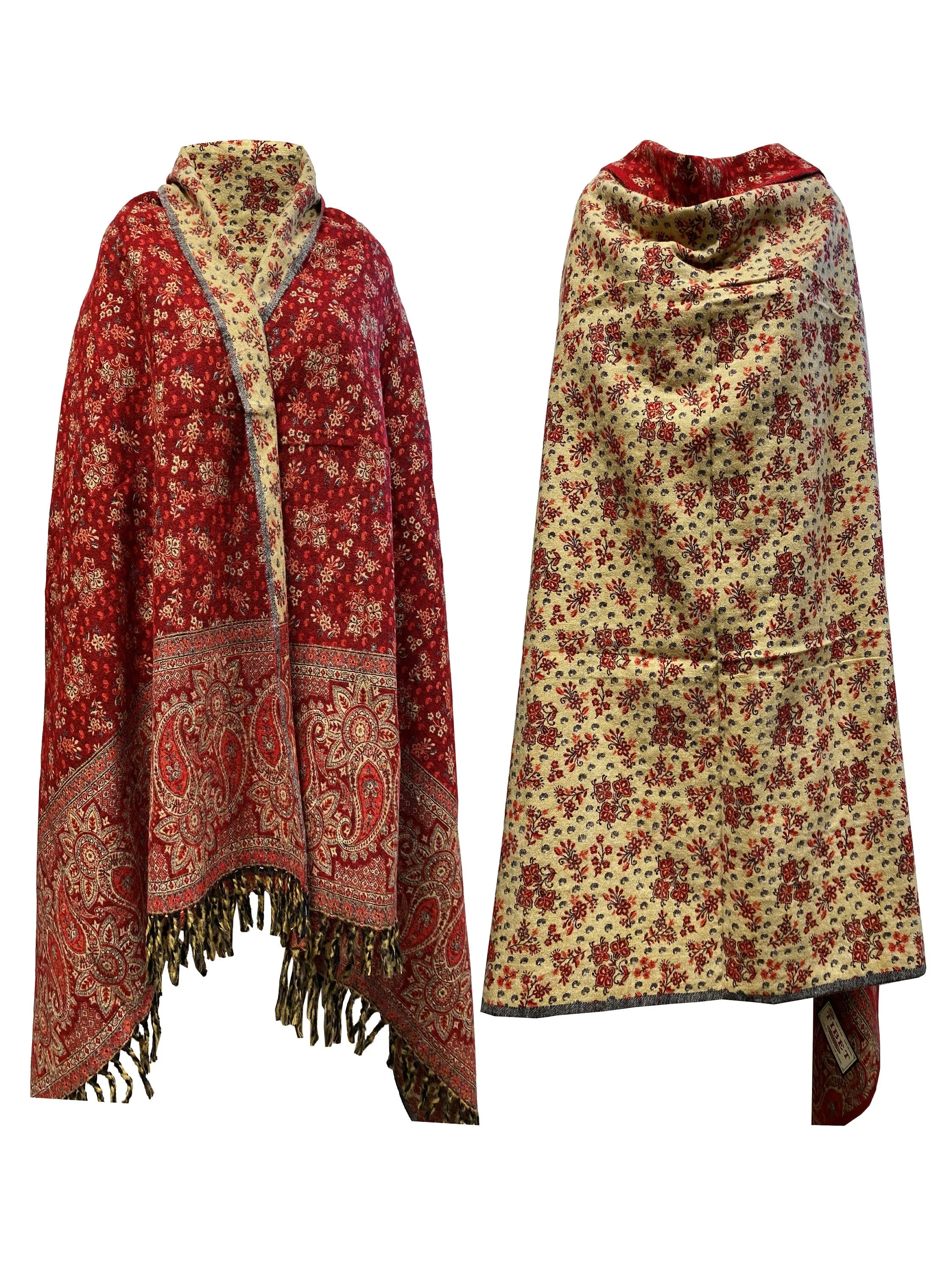 NEW LUXURY HANDMADE Red Beige Floral Scarf Yak Wool comfortable scarf Blanket stole unisex Travel Wrap Meditation Soft Shawl special Gift