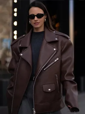 Oversized large fashionista leather ladies biker jacket