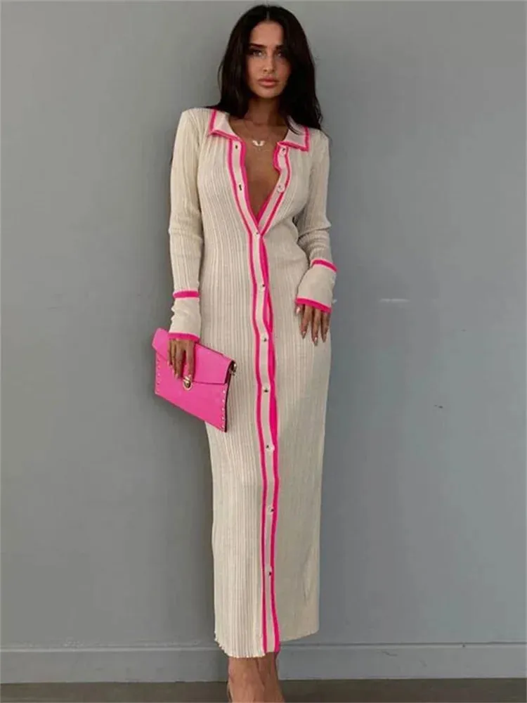 Patchwork Slim V-Neck Dress Cardigan For Women Contrast Long Sleeve High Street Maxi Dress Female Elegant Party Dress 2023