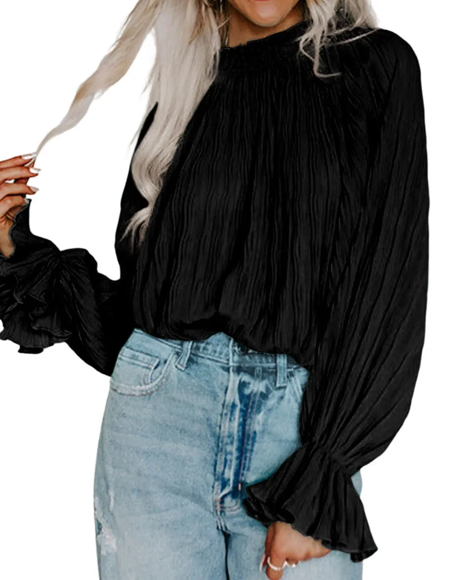 Pleated Flared Long Sleeve Blouse