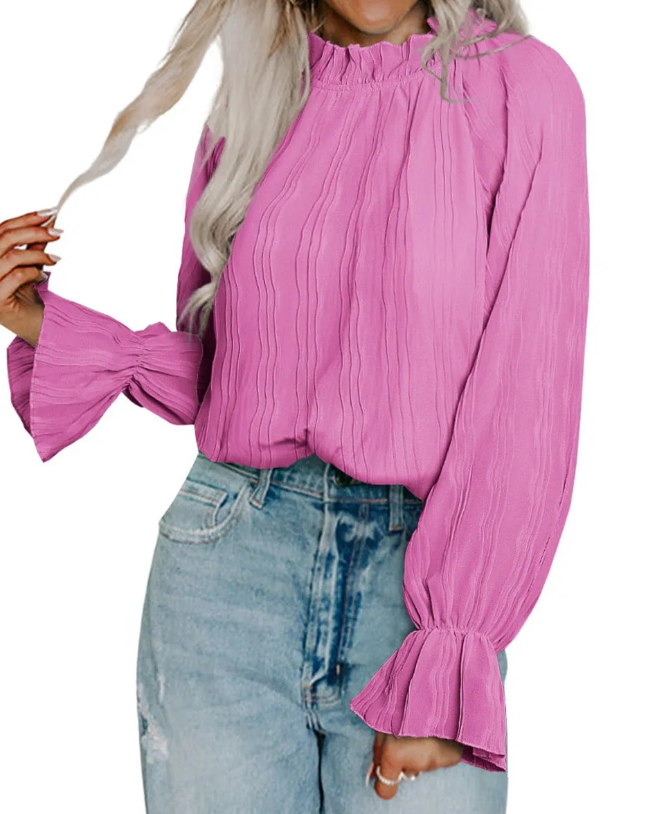 Pleated Flared Long Sleeve Blouse