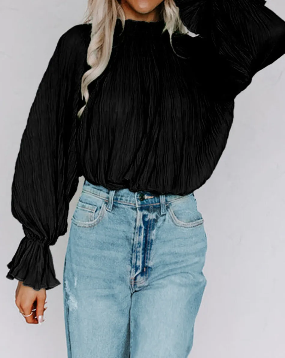 Pleated Flared Long Sleeve Blouse