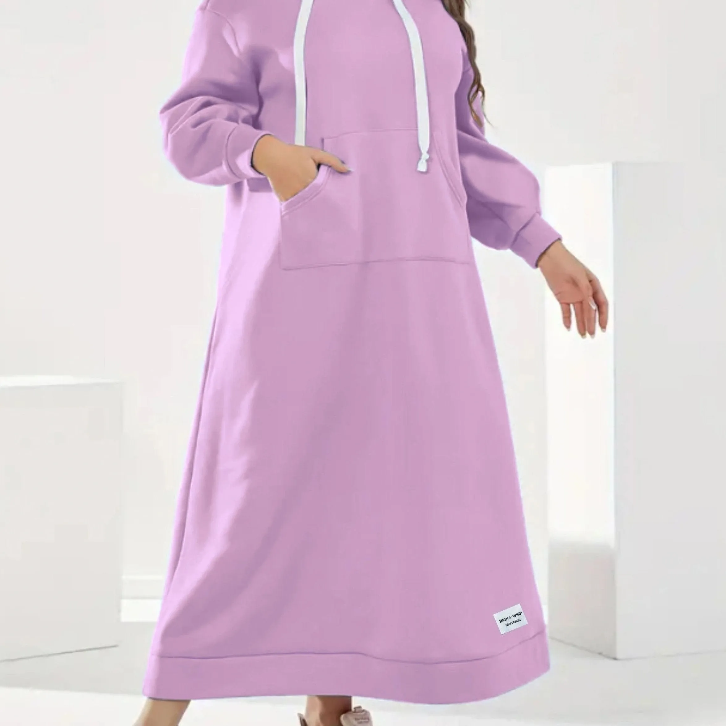 Plus Size Solid Hooded Sweatshirt Dress, Casual Long Sleeve Drawstring Kangaroo Pocket Maxi Dress For Fall & Winter, Women's Plus Size Clothing