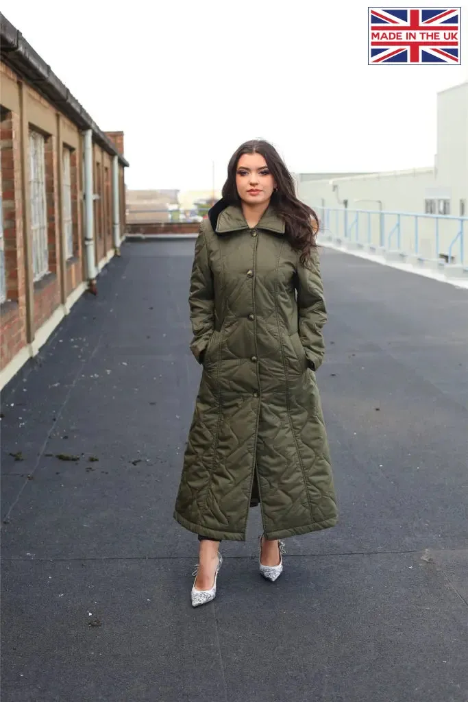 Quilted Single Breasted Longline Hooded Coat