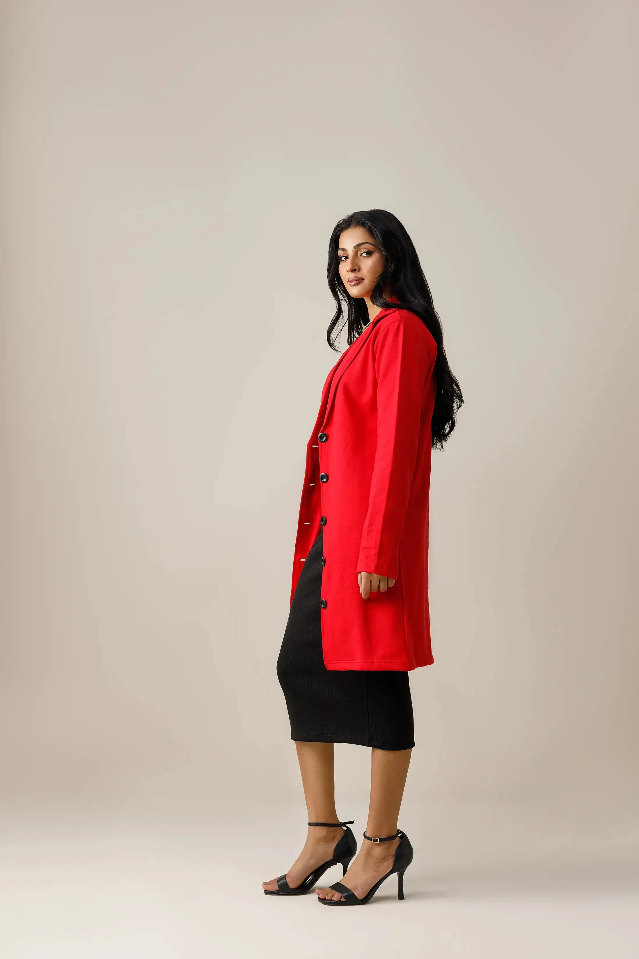 Red Button Down Short Lapel Coat