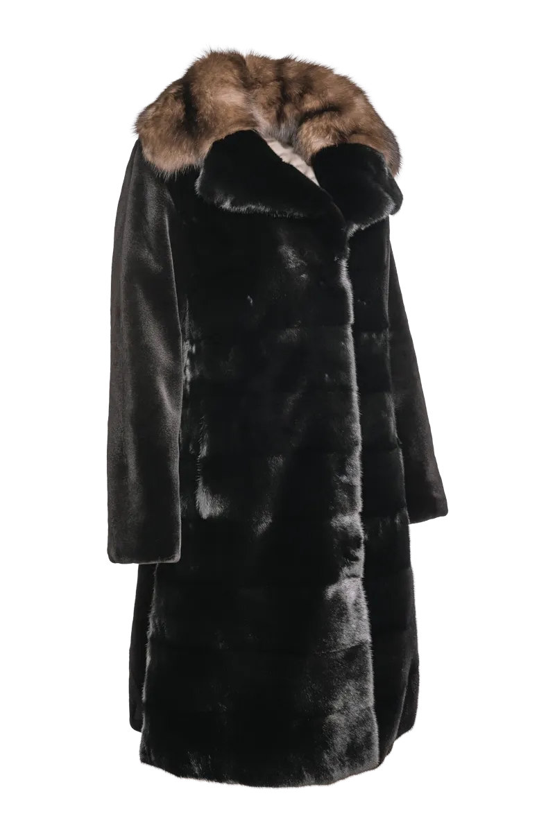 Reversible Black Horizontal Long Haired & Sheared Trench Mink Fur Coat - Sable Collar