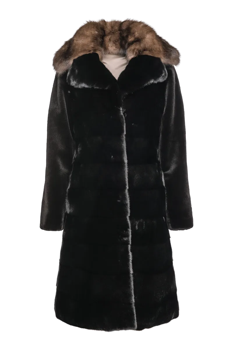 Reversible Black Horizontal Long Haired & Sheared Trench Mink Fur Coat - Sable Collar