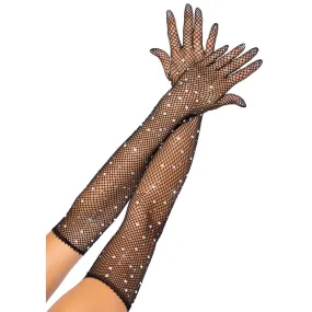 Rhinestone Fishnet Long Gloves - Black