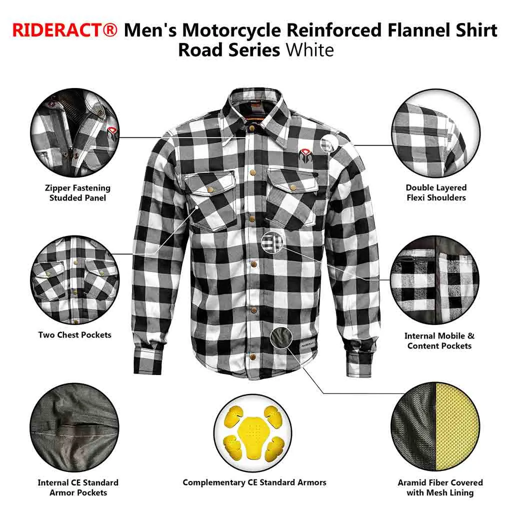 RIDERACT® Men's Motorcycle Riding Reinforced Flannel Shirt Road Series Black & White