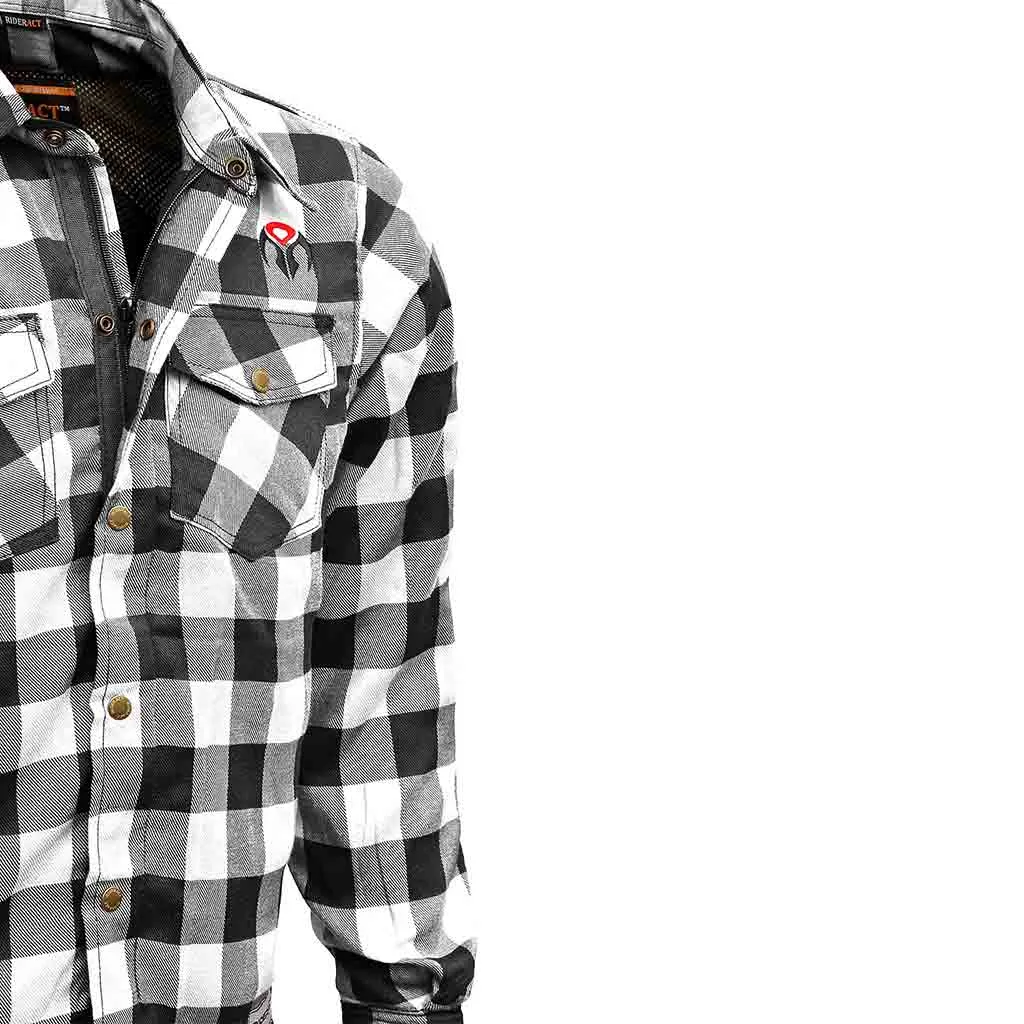 RIDERACT® Men's Motorcycle Riding Reinforced Flannel Shirt Road Series Black & White