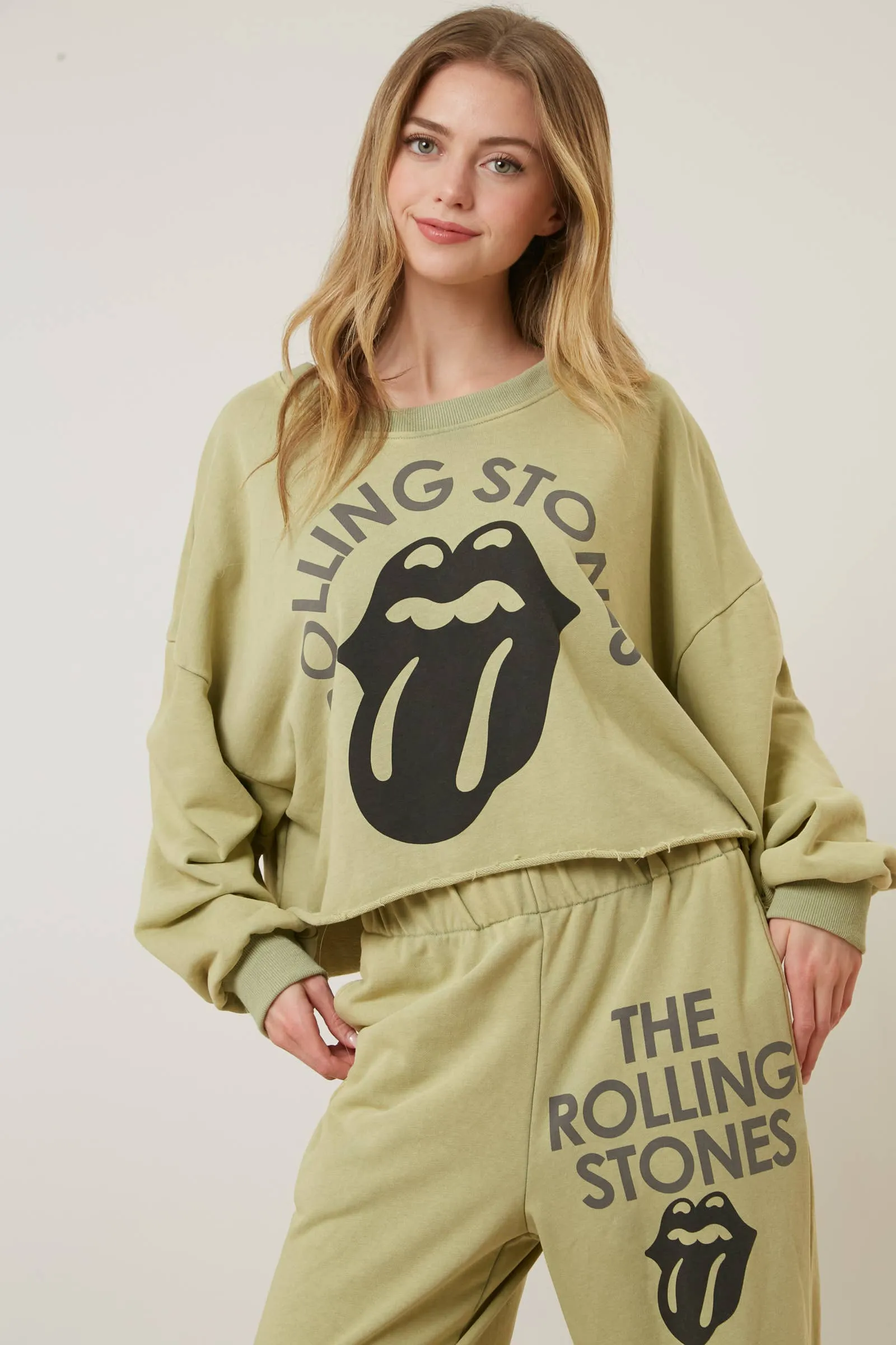 Rolling Stones Graphic Print Joggers: OLIVE / S