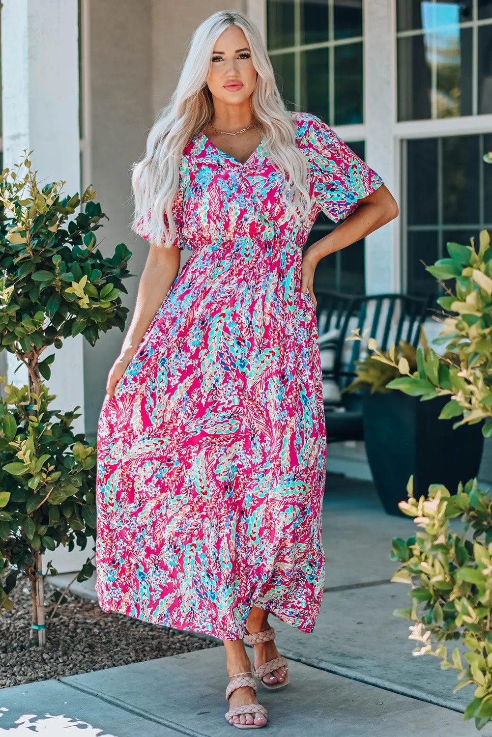 Rose Wrap V Neck Floral Maxi Dress