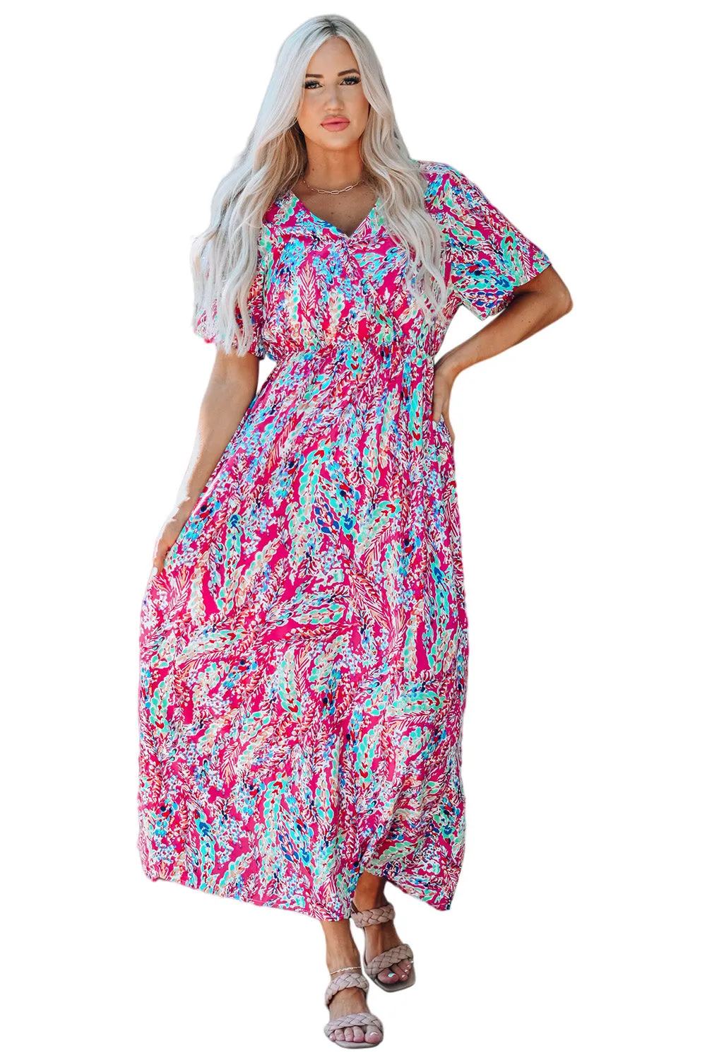 Rose Wrap V Neck Floral Maxi Dress