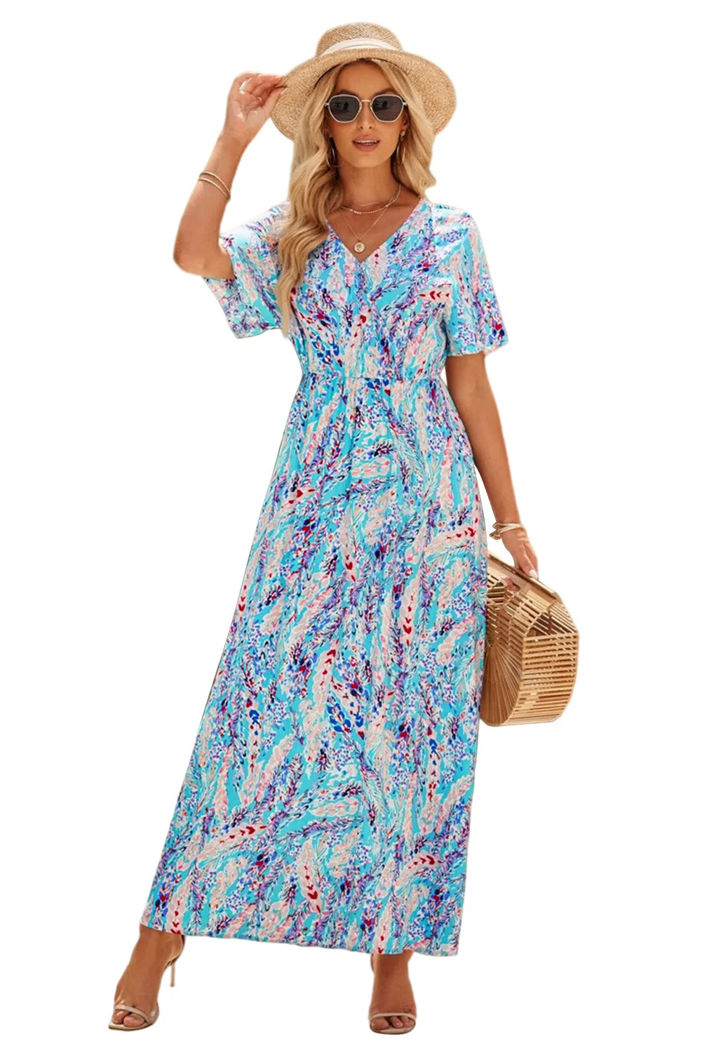 Rose Wrap V Neck Floral Maxi Dress