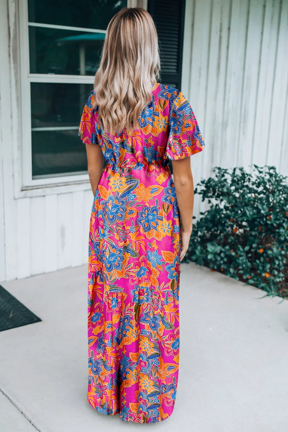 Rose Wrap V Neck Floral Maxi Dress