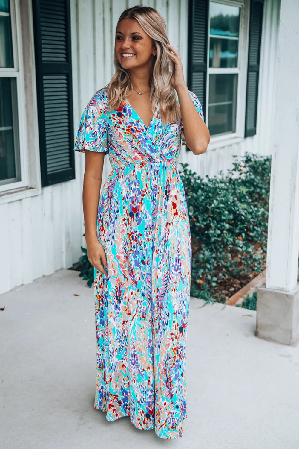 Rose Wrap V Neck Floral Maxi Dress