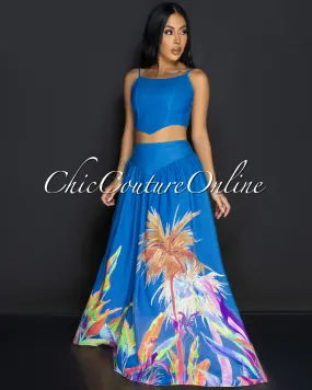 Roza Blue Floral Bustier & Maxi Skirt Set