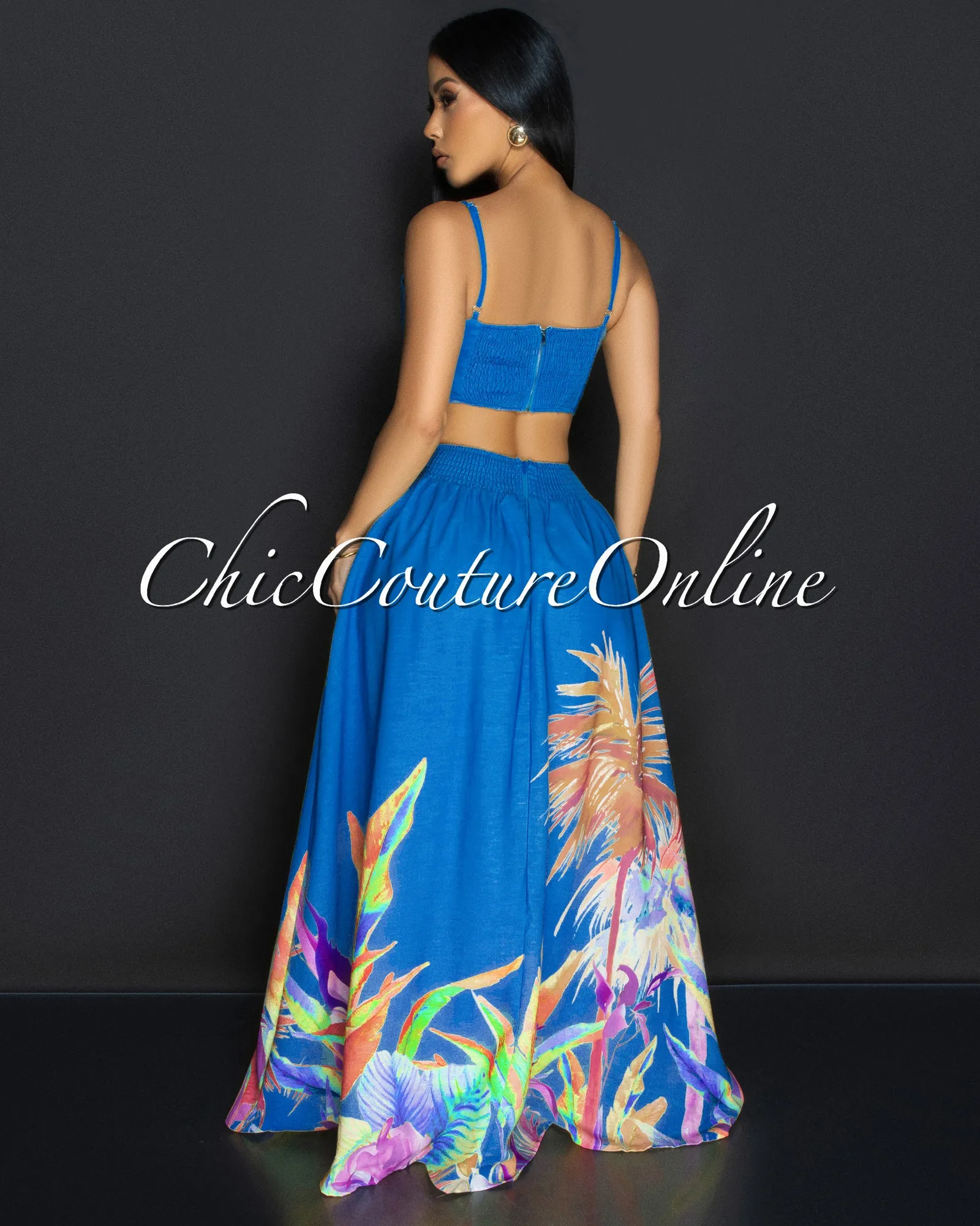 Roza Blue Floral Bustier & Maxi Skirt Set