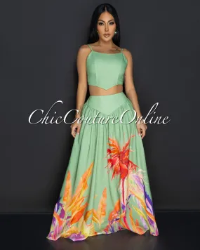 Roza Green Floral Bustier & Maxi Skirt Set