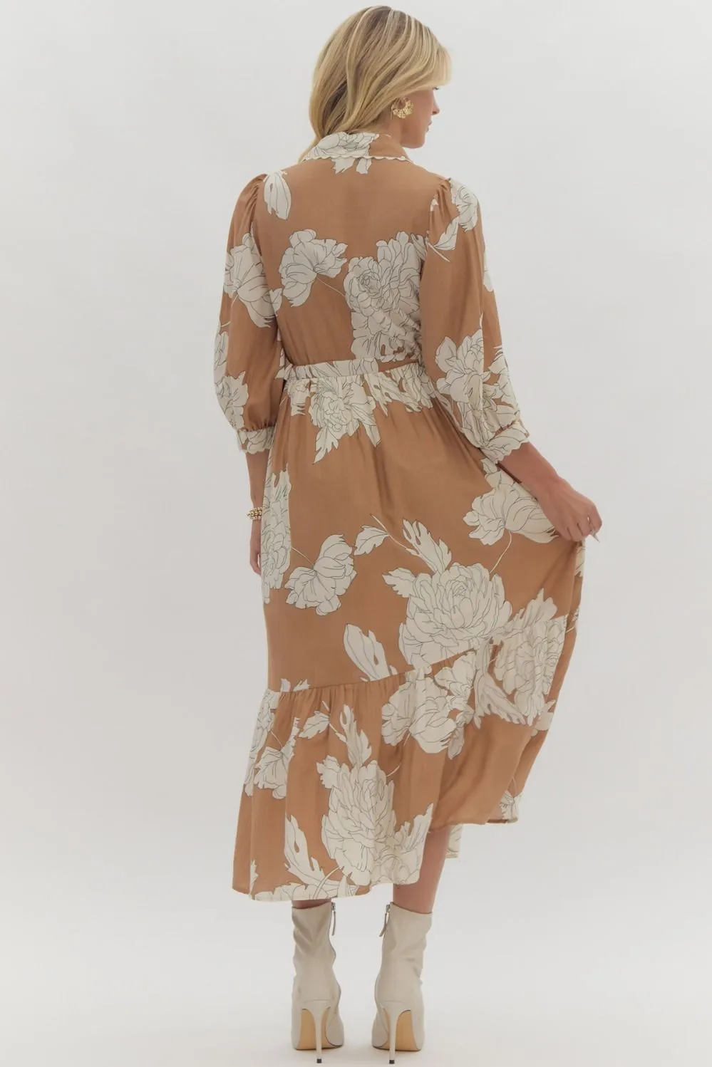 Sadie Floral Midi Dress - Camel