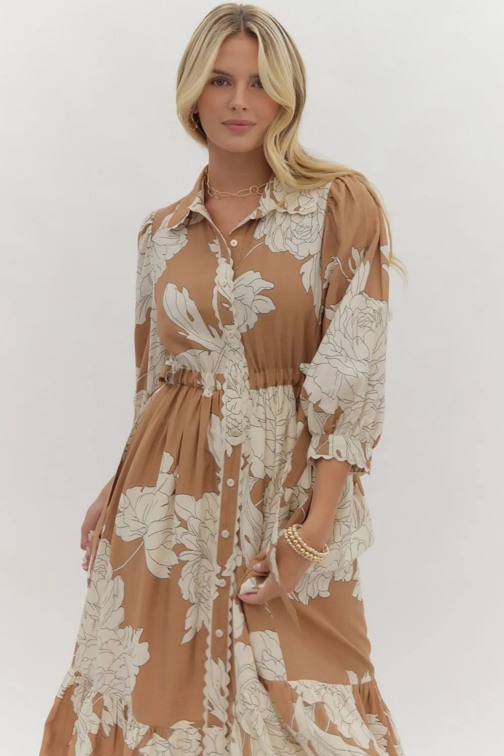 Sadie Floral Midi Dress - Camel