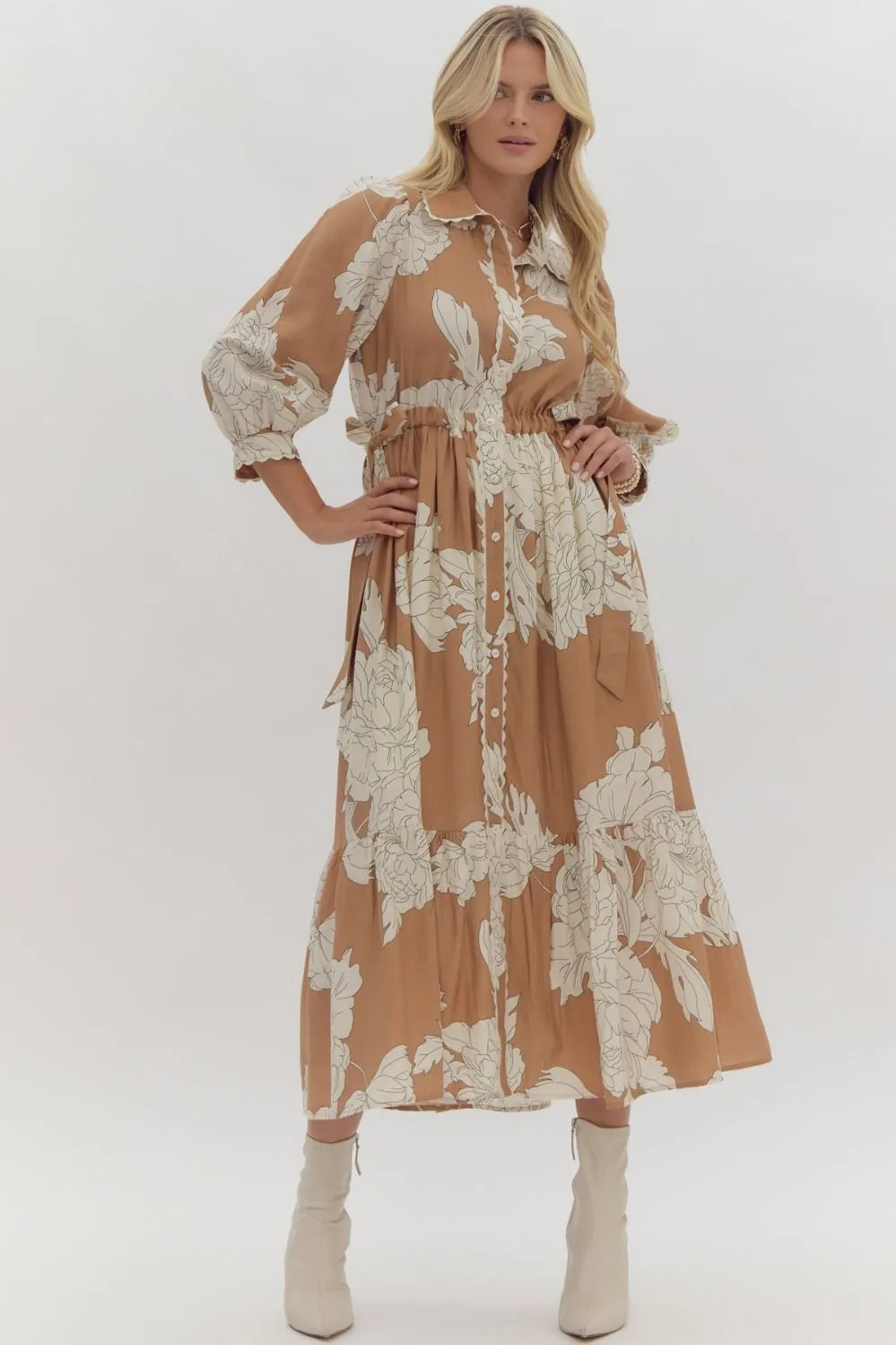 Sadie Floral Midi Dress - Camel