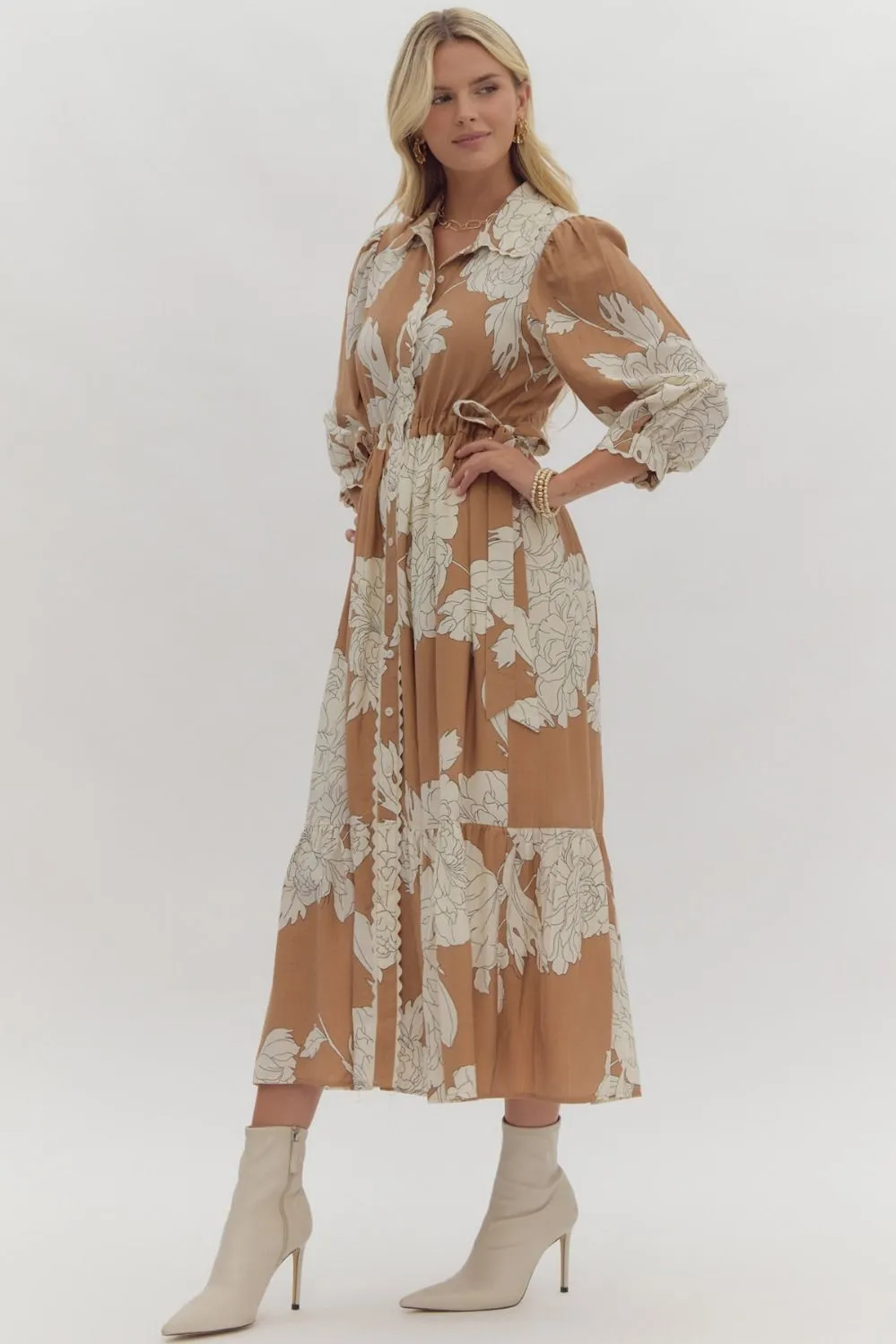 Sadie Floral Midi Dress - Camel