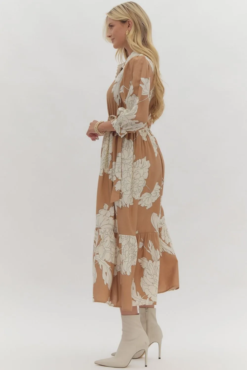 Sadie Floral Midi Dress - Camel