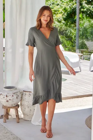 Sandra Short Sleeve Cross Over Khaki Wrap Dress