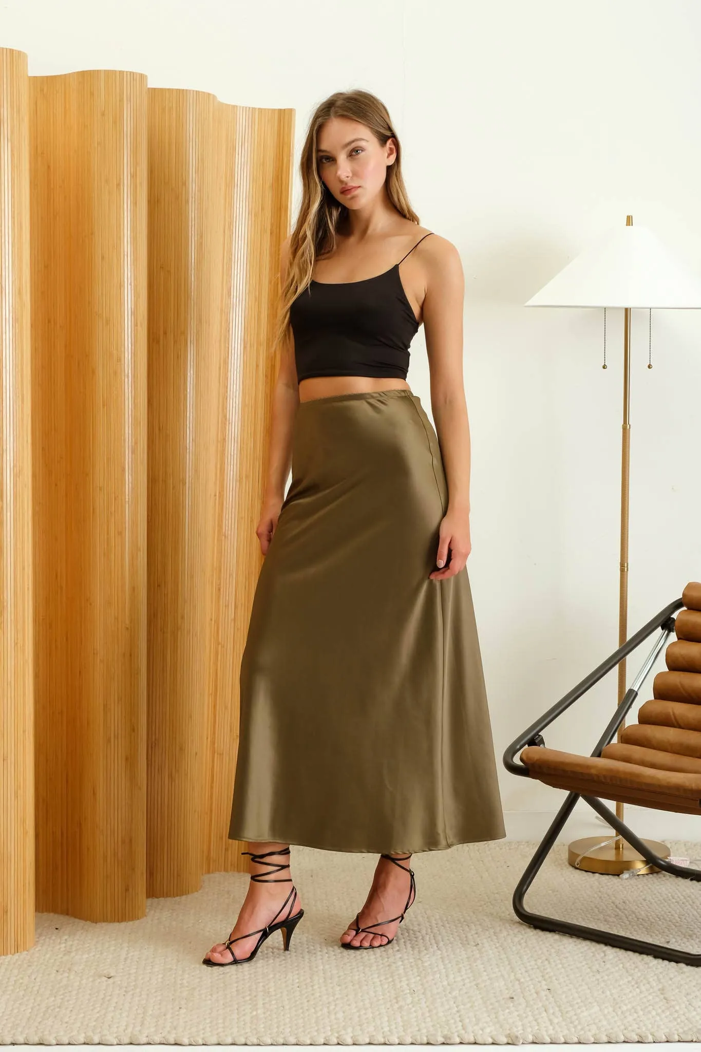 SATIN SLIP MIDI SKIRT: OLIVE