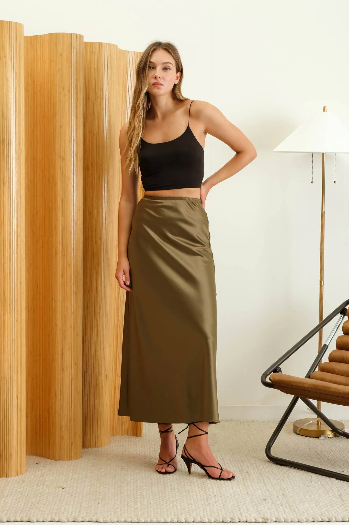 SATIN SLIP MIDI SKIRT: OLIVE