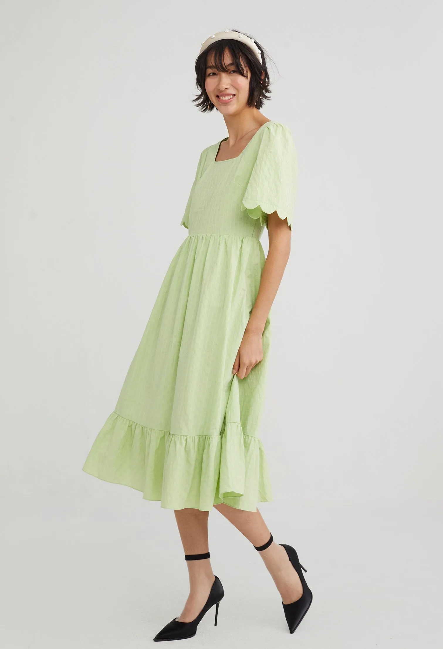 Scallop Sleeve Tiered Midi Dress