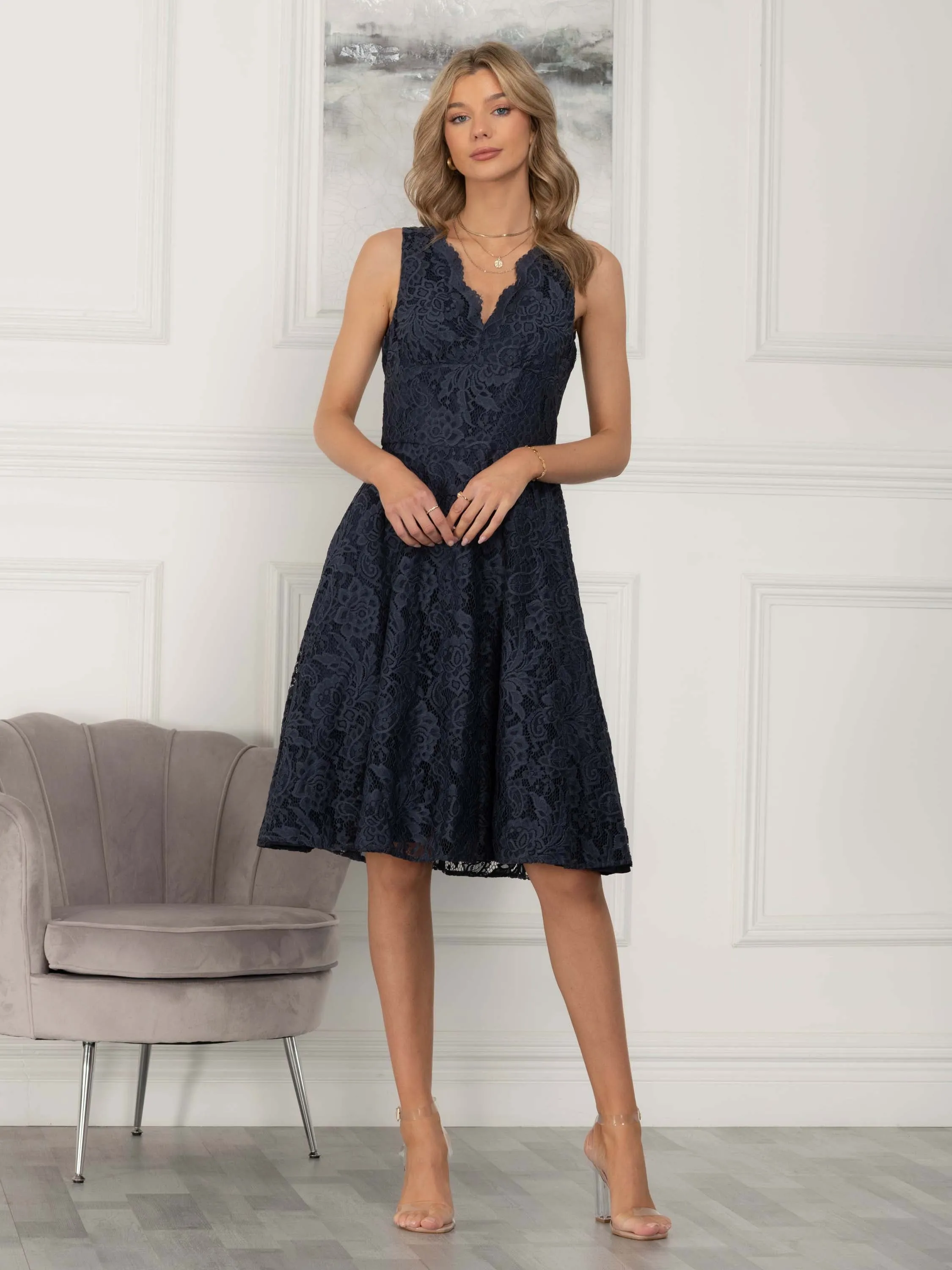 Scalloped Lace Swing Dress, Dark Grey