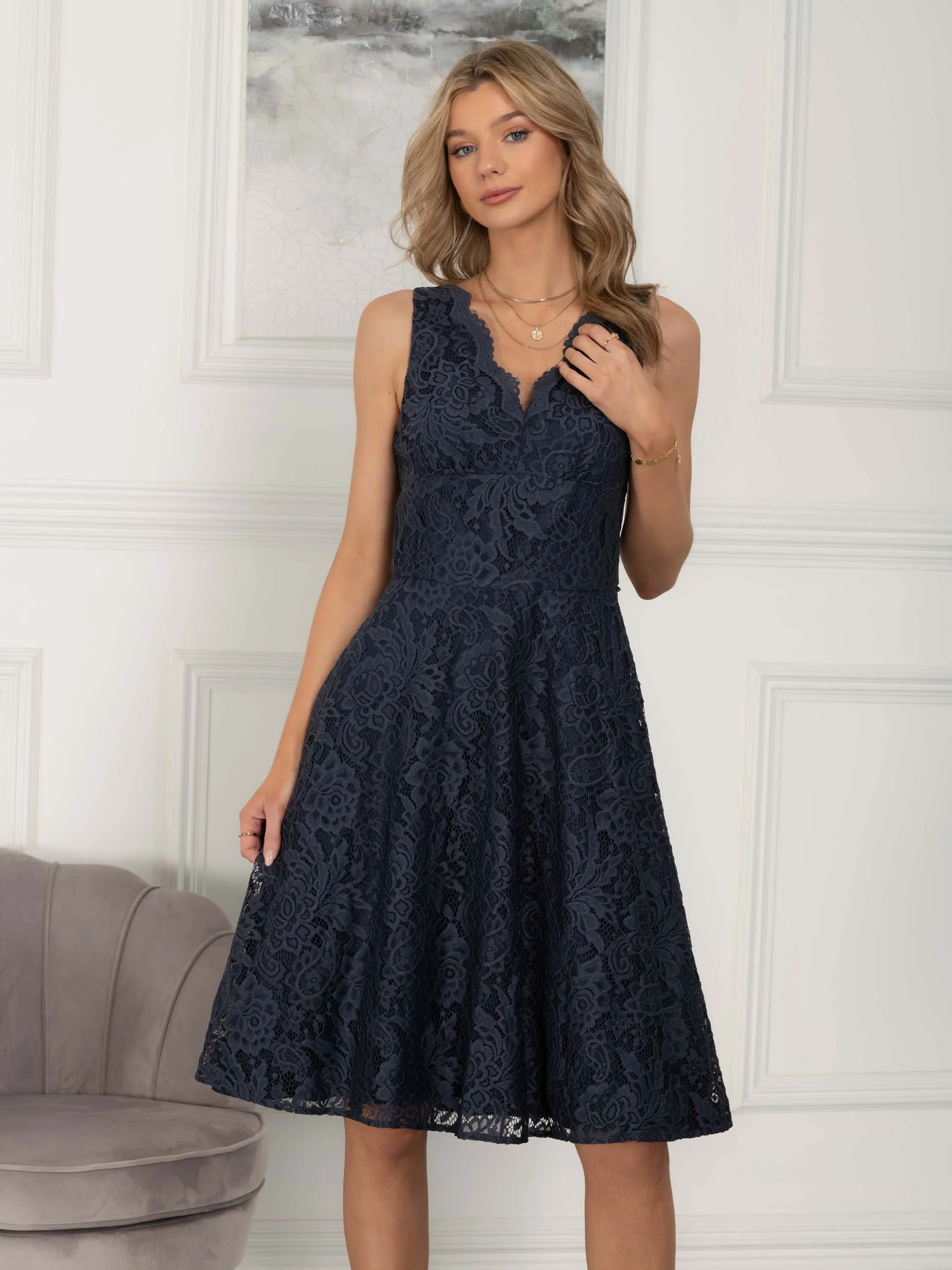 Scalloped Lace Swing Dress, Dark Grey