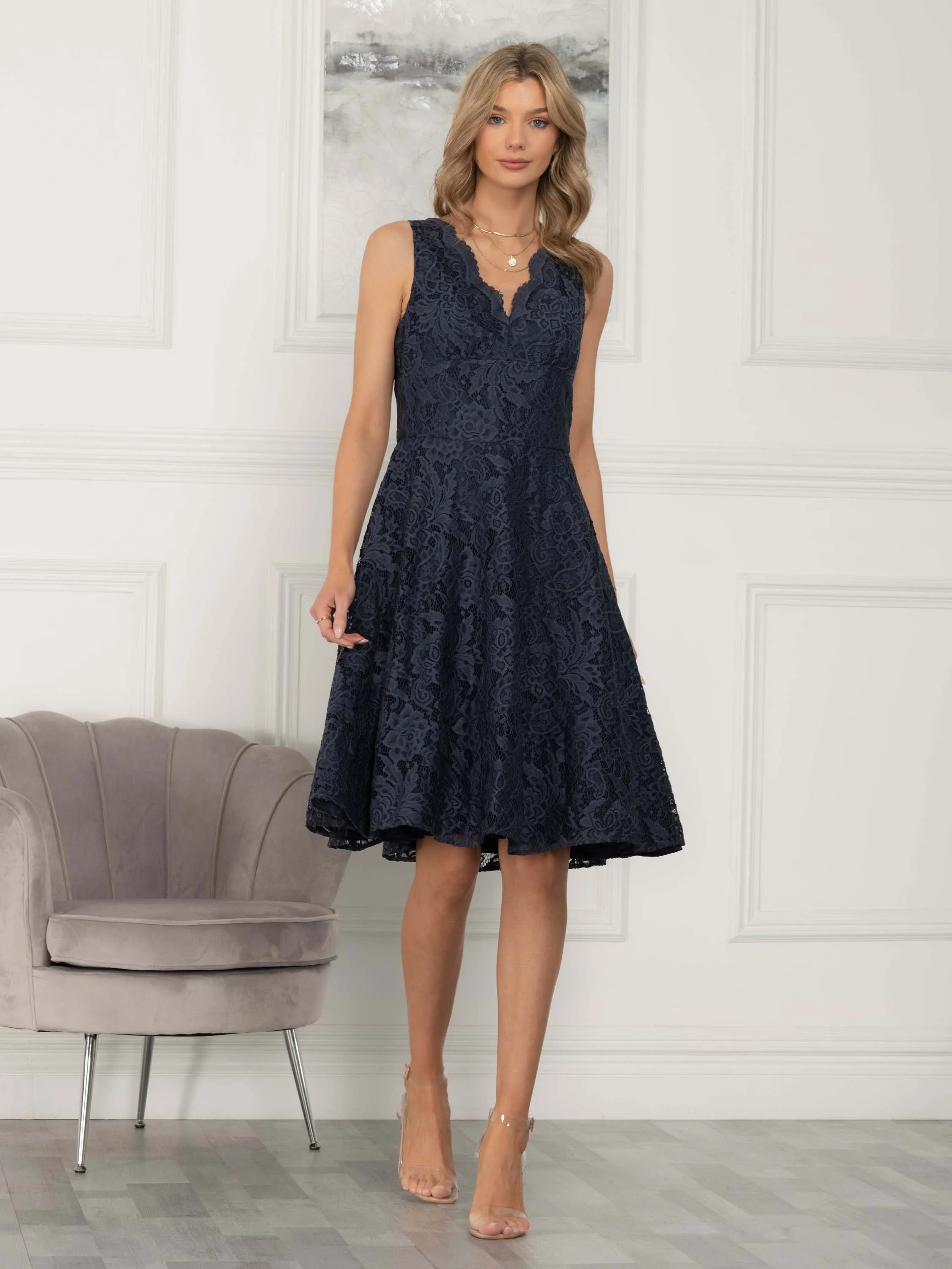 Scalloped Lace Swing Dress, Dark Grey