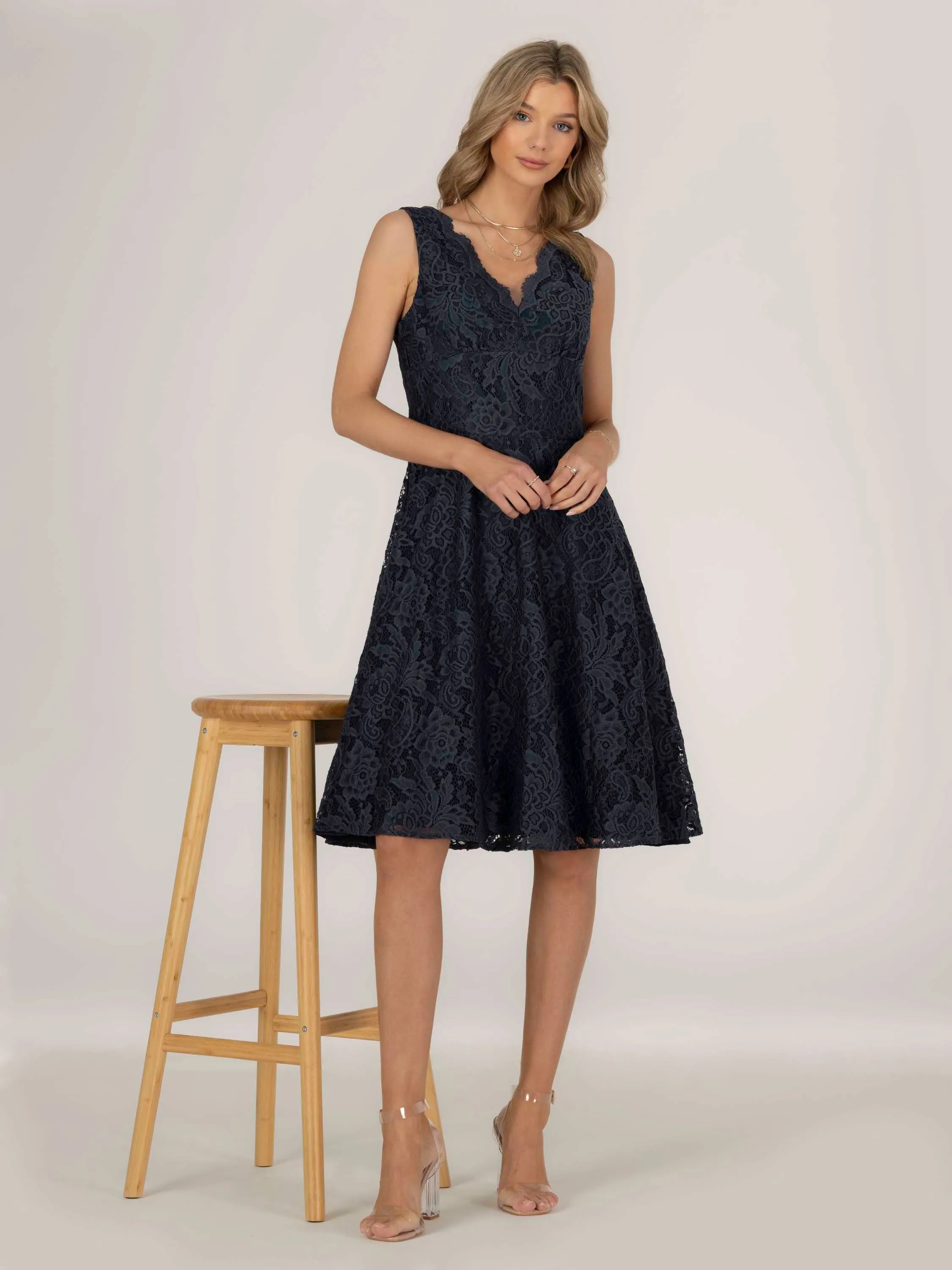 Scalloped Lace Swing Dress, Dark Grey