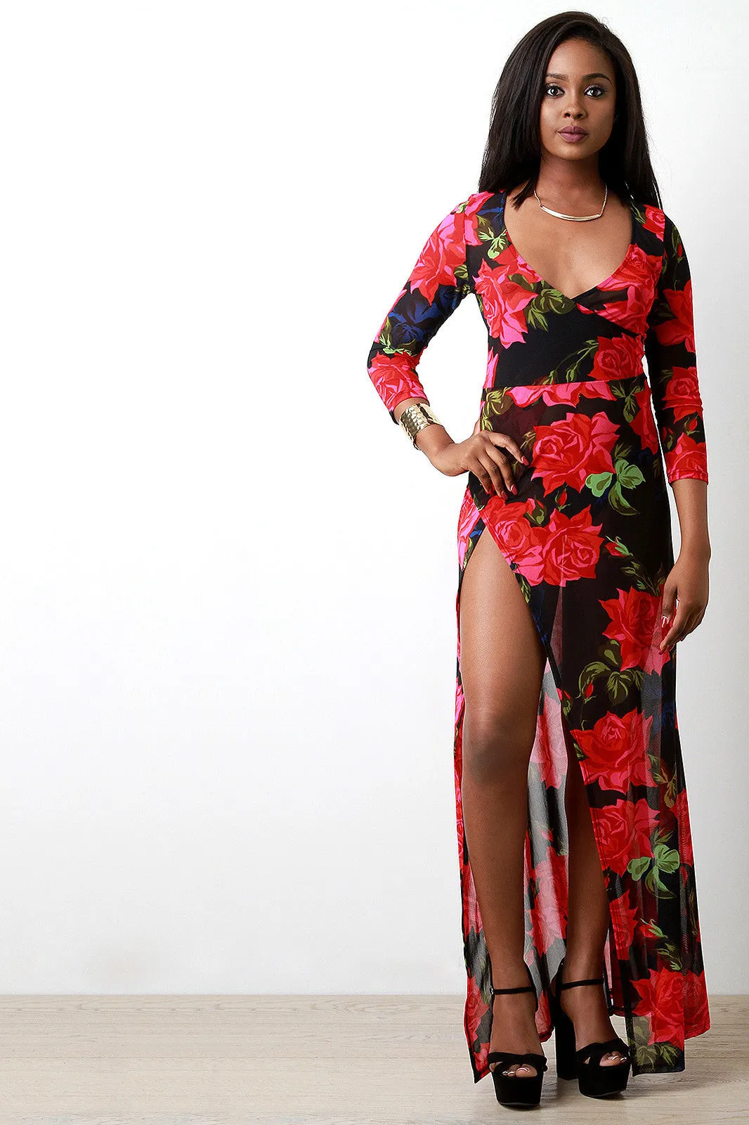 Semi-Sheer Roses Deep V High Slit Maxi Dress