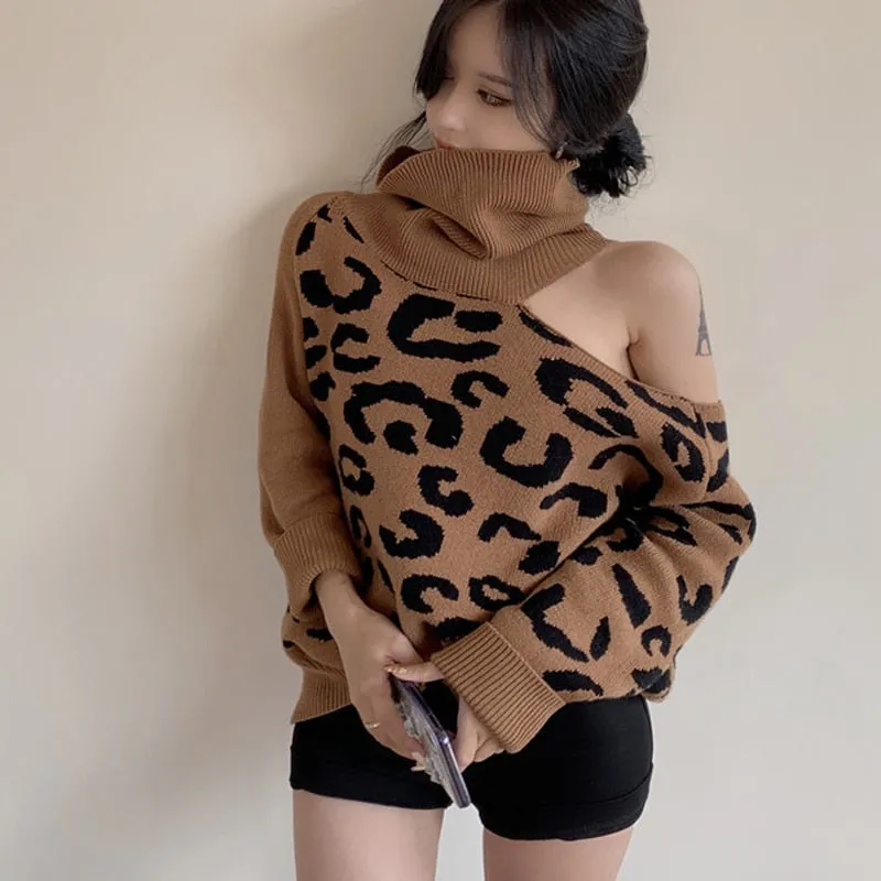 Sexy Off Shoulder Women Sweater Fashion Leopard Pullover Knit Loose Turtleneck Warm Winter Long Sleeve Mujer Coat