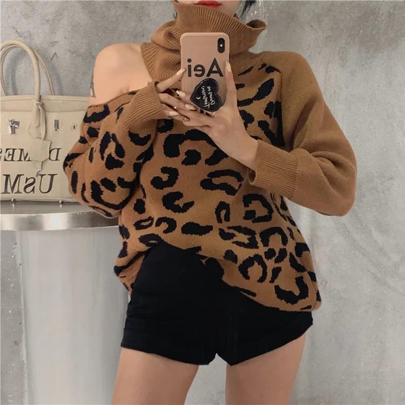 Sexy Off Shoulder Women Sweater Fashion Leopard Pullover Knit Loose Turtleneck Warm Winter Long Sleeve Mujer Coat