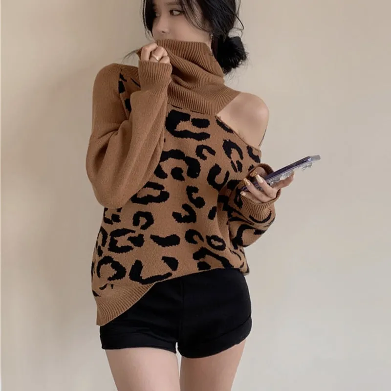 Sexy Off Shoulder Women Sweater Fashion Leopard Pullover Knit Loose Turtleneck Warm Winter Long Sleeve Mujer Coat