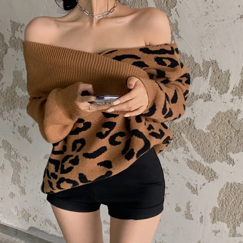 Sexy Off Shoulder Women Sweater Fashion Leopard Pullover Knit Loose Turtleneck Warm Winter Long Sleeve Mujer Coat