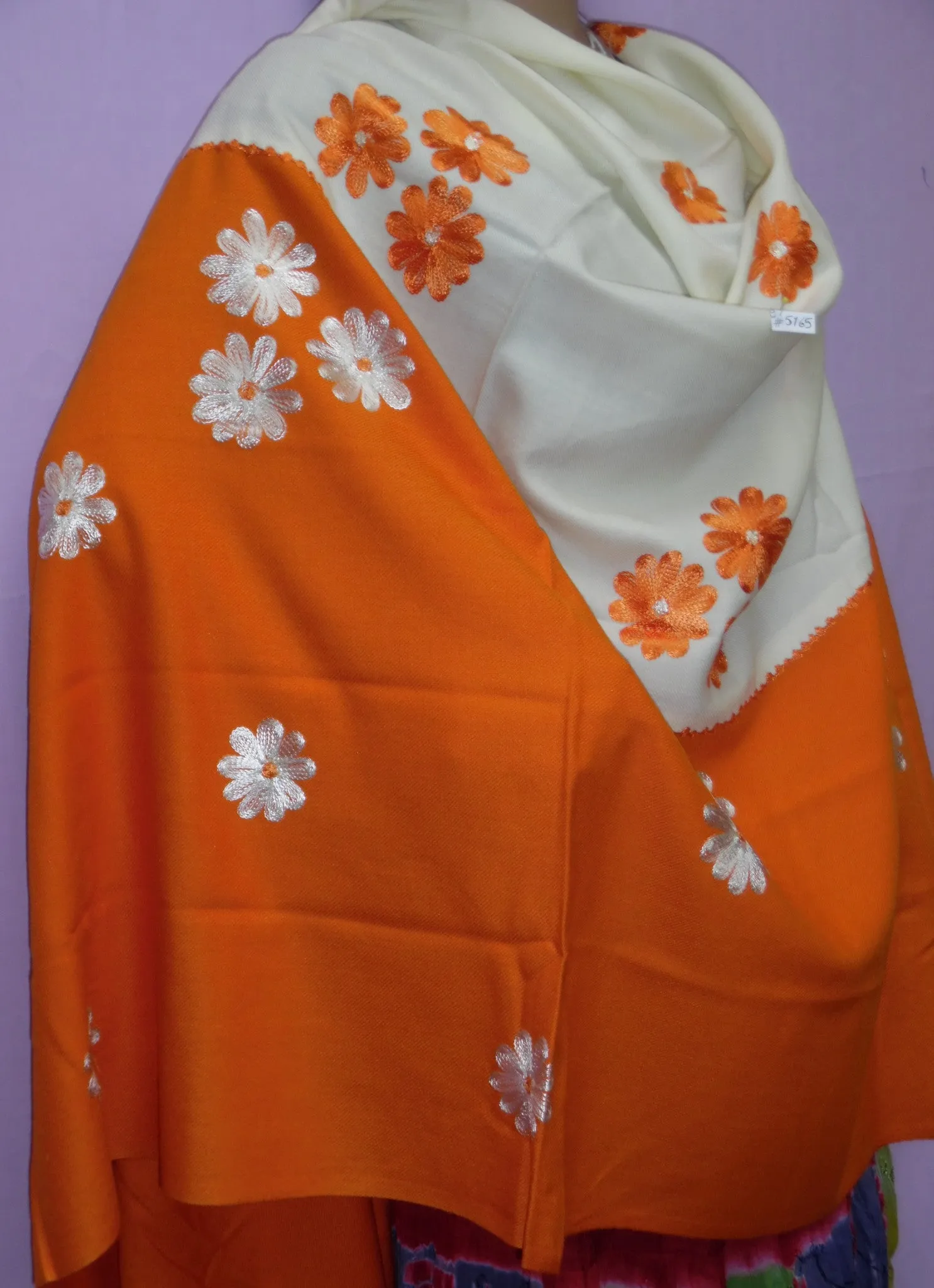 Shawl 5165 Ivory Orange Pashmina Angora Kashmiri Wool Blend