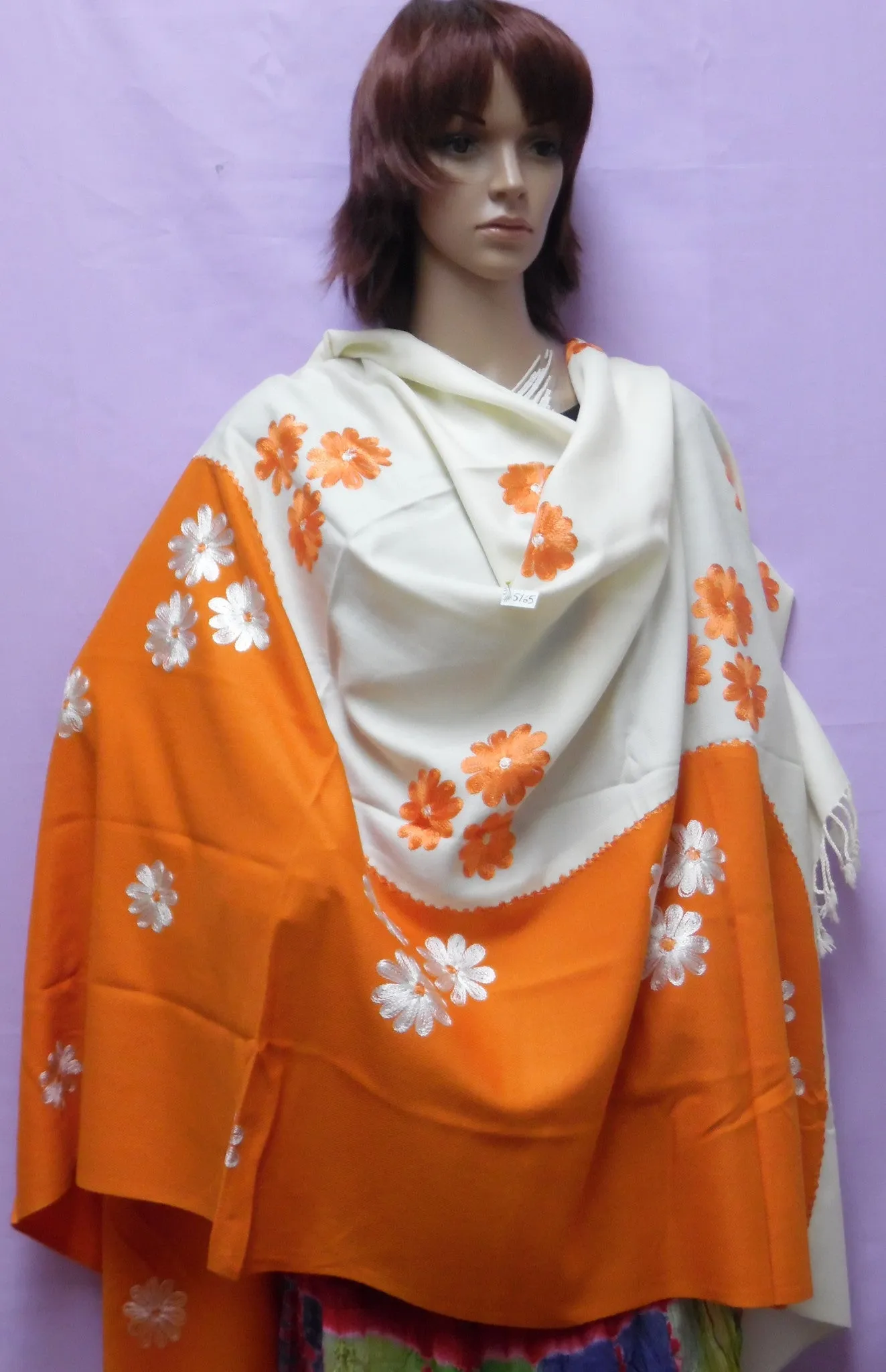 Shawl 5165 Ivory Orange Pashmina Angora Kashmiri Wool Blend