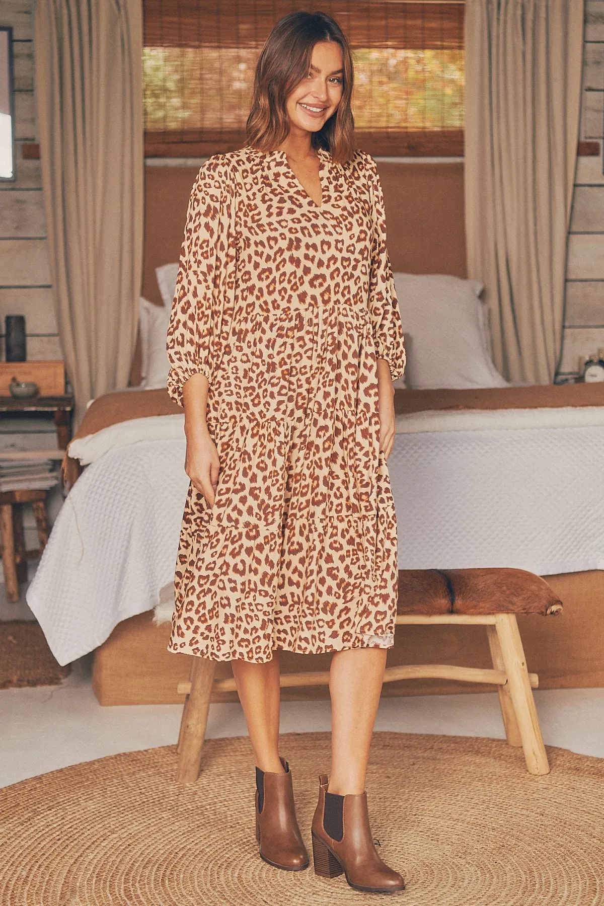 Siona Leopard Print Ballon Sleeve Dress