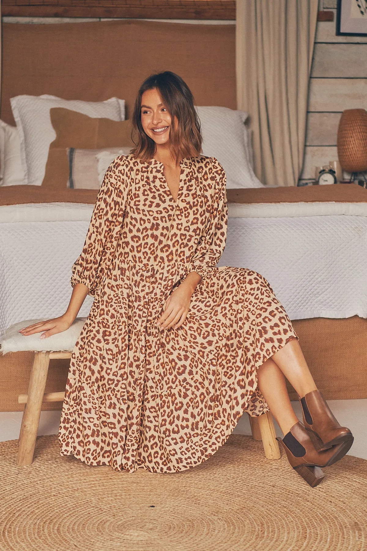 Siona Leopard Print Ballon Sleeve Dress