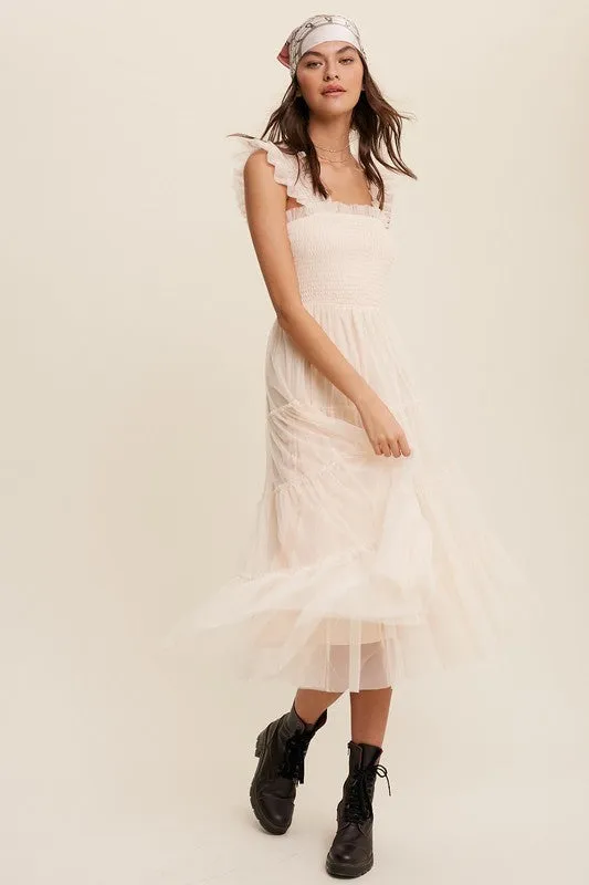 Smocked Ruffle Tiered Mesh Dress