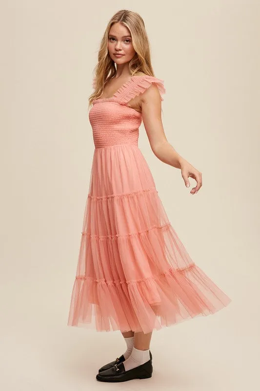 Smocked Ruffle Tiered Mesh Dress