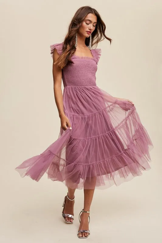 Smocked Ruffle Tiered Mesh Dress