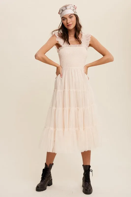 Smocked Ruffle Tiered Mesh Dress