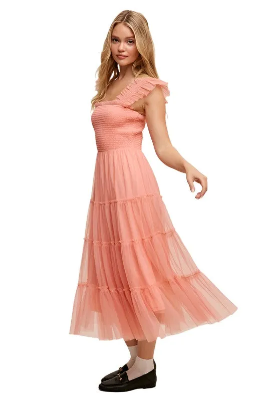 Smocked Ruffle Tiered Mesh Midi Maxi Dress